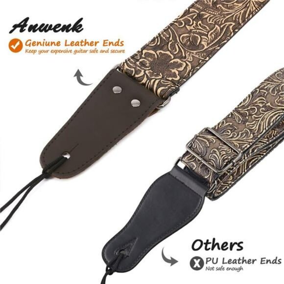 Leather Guitar Strap Vintage Western Adjustable Electric Bass Bronze PU Ends - Picture 2 of 8